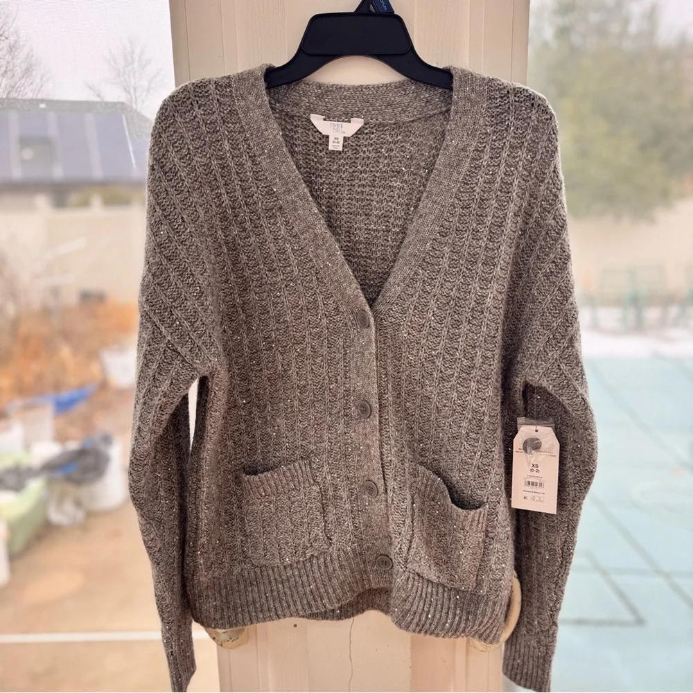 Time and Tru Sequin Cardigan Sweater Gray Ribbed Knit XS Holiday Shimmer Sparkle - Picture 3 of 10